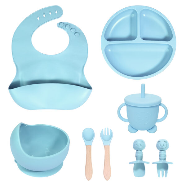 8-Piece Baby Weaning Set - Silicone Feeding Kit with Suction Bowl Adjustable Bib Sippy Cup Wooden & Silicone Spoon and Fork Perfect Baby Gift